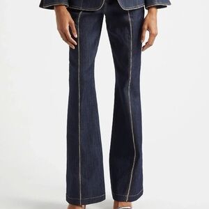 Women's Dark Blue Single Stripe Flared High Rise Jeans